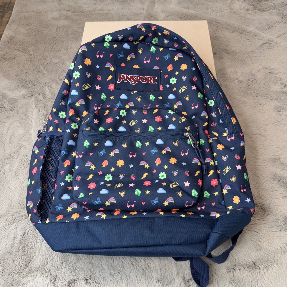 JanSport SuperBreak Backpack Navy Blue Happy Daze Mushroom Rainbow Print